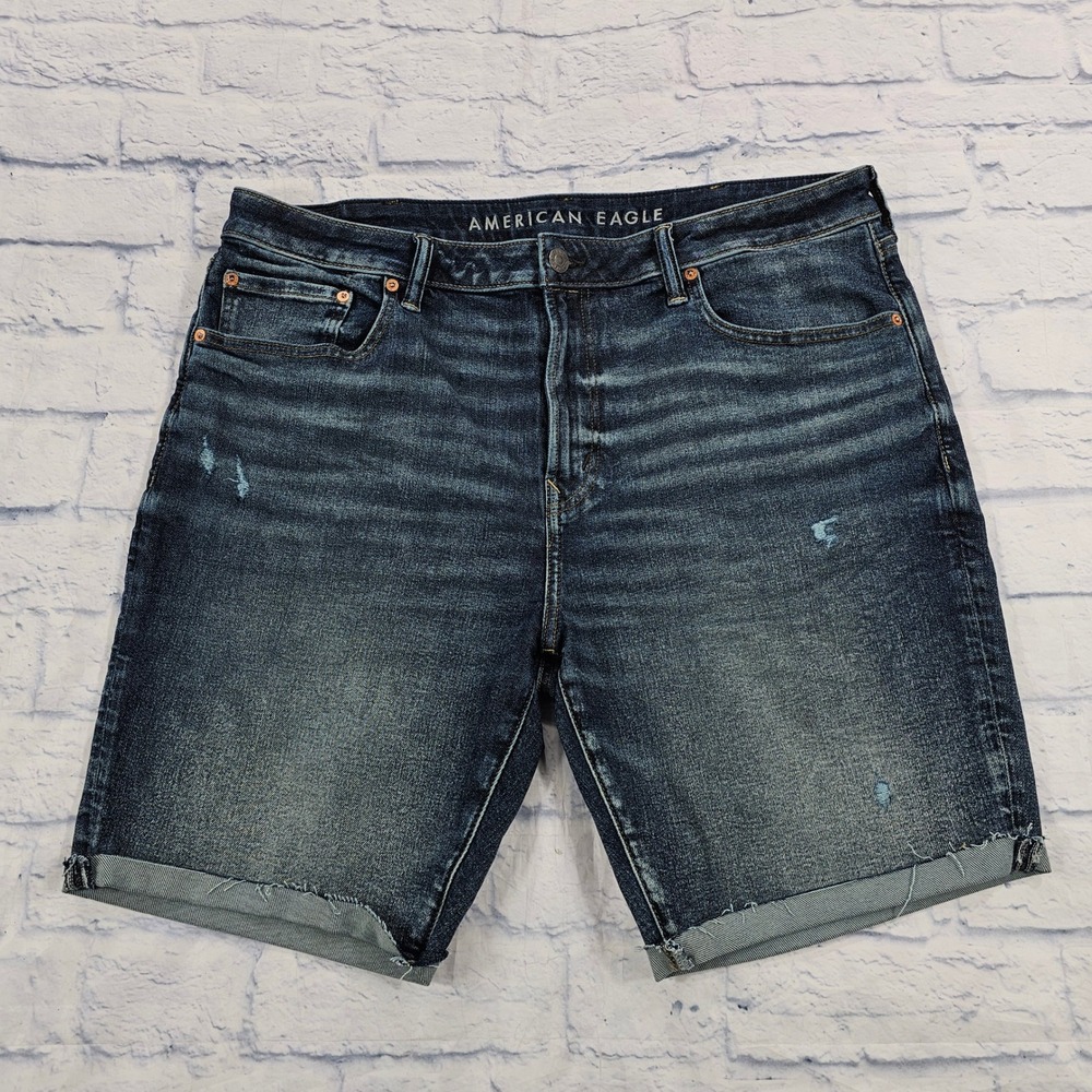 American Eagle Denim Shorts Mens 40 Blue Airflex+ Distressed Raw Hem Dark Wash